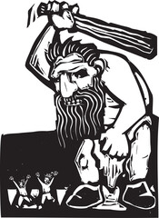 Woodcut giant or ogre chasing people with his club