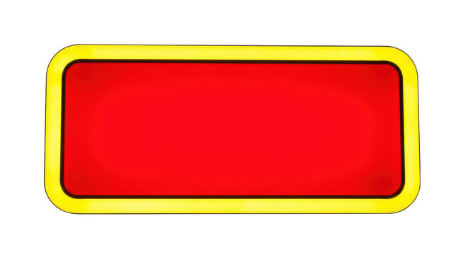 A bold rectangular shape with a vibrant red fill and yellow border outline
