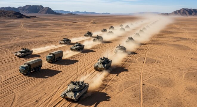Military Tank Convoy Advances Through Desert Terrain