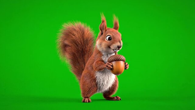 Cute Squirrel Holding Acorn, Brown Furry Animal, Green Screen Background, Cartoon Character