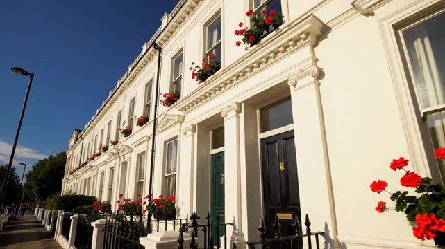 Elegant white townhouses with red geraniums under blue sky