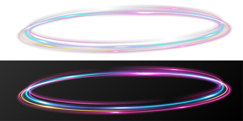 Glowing multicolor light ring frame for presentation banner isolated on black background. © NAUM