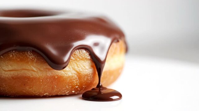 Chocolate glazed donut with smooth icing drips down the side, showcasing a rich texture and golden-brown pastry base on a clean white background