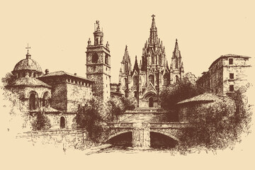 Fototapeta premium Sagrada Familia, Spain illustration in a vintage style. This vector illustration can be used in any size you like for advertising, logos, and other work. 