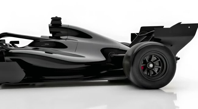Side view orbit shot of black formula style race car rotating in studio