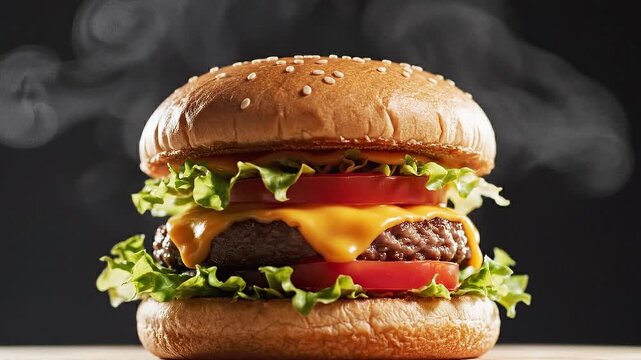 Delicious cheeseburger with melted cheese, fresh lettuce, and tomato, presented with steam rising against a dark background, highlighting its appetizing features