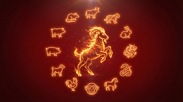 A fiery glowing goat illustration surrounded by zodiac symbols in a dark red environment viewed from a straightforward perspective kambing api (11).png
