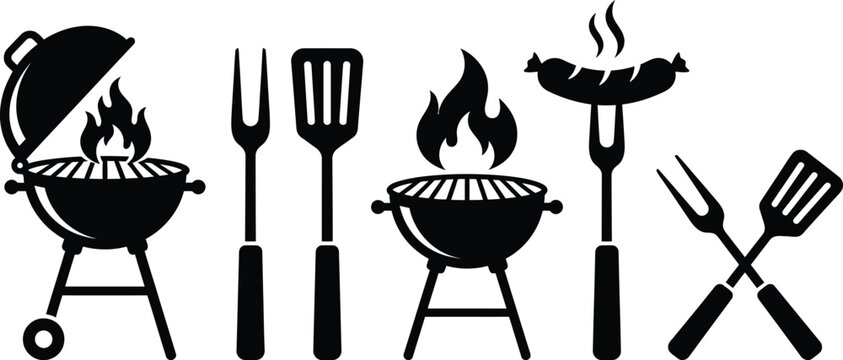 Black and white illustration of barbecue tools and grills with flames