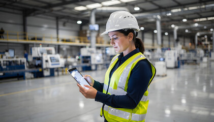 Obraz premium Confident female engineer in hard hat and safety vest uses digital tablet to monitor factory operations, showcasing modern industrial technology and efficiency