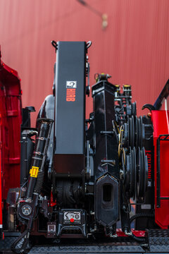 Gothenburg, Sweden - May 24 2025: Close up of hydraulic crane equipment on truck.