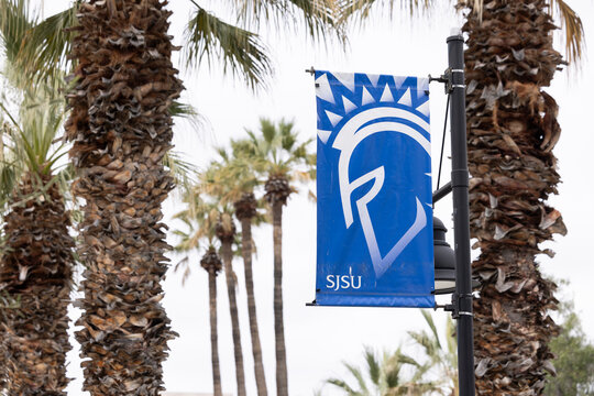 San Jose, California, USA - February 2, 2026: SJSU Spartan Banners hang on the campus of San Jose Sate University.