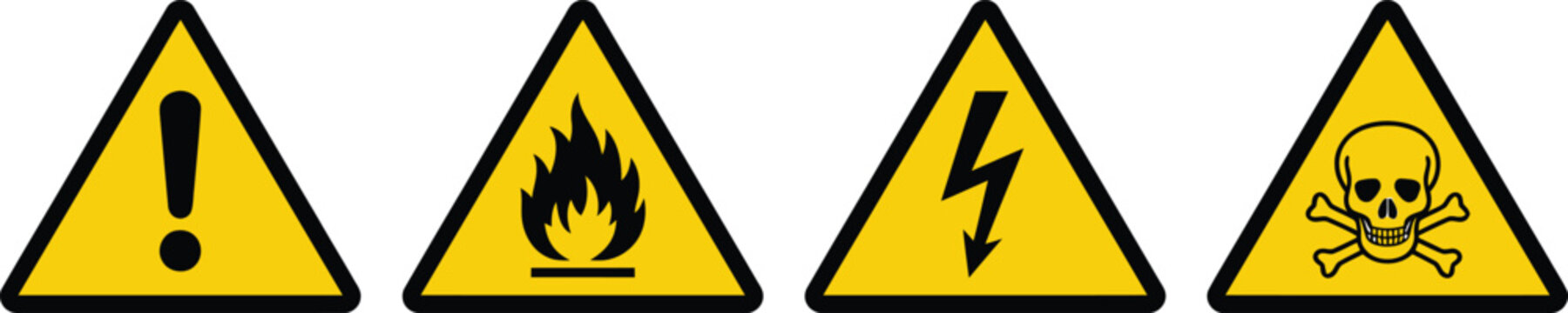 Warning signs for general hazard fire electrical hazard and biological hazard