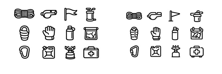 Camping and hiking equipment line icons set featuring outdoor survival gear like rope whistle carabiner and first aid kit on white © PAPA STOCK