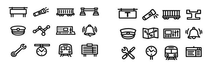 Set of railway and train station line icons including locomotive bell clock and conductor hat on white background © PAPA STOCK