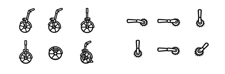 Set of black and white line icons representing various handheld rotary cutting tools and sewing tracing wheels on a white background © PAPA STOCK