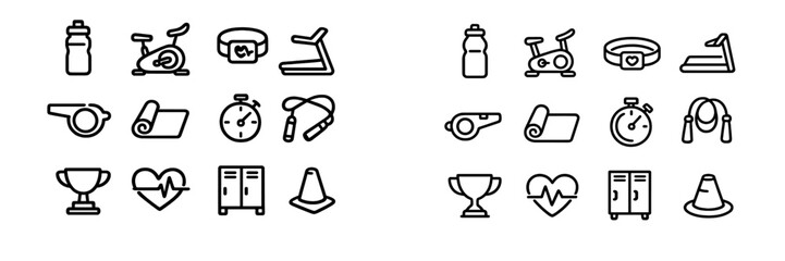 Fitness and gym equipment line icons set including treadmill stationary bike water bottle stopwatch jump rope yoga mat and trophy © PAPA STOCK