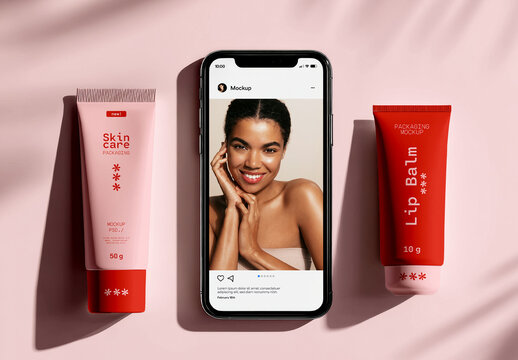 Skincare Cosmetic Tube Packaging Mockup with Smartphone