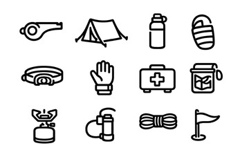 Set of outdoor camping and survival equipment icons including tent first aid kit whistle and headlamp for hiking adventures © PAPA STOCK