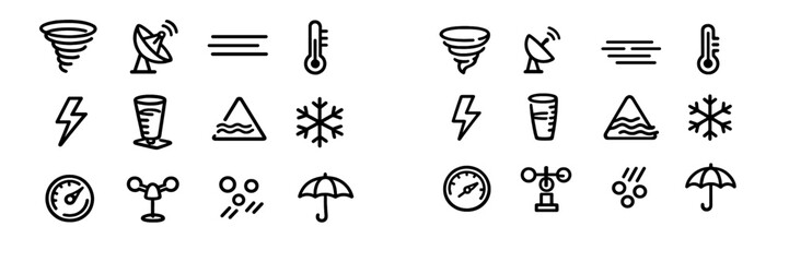 Naklejka premium Weather forecast icon set including tornado lightning thermometer snowflake umbrella and barometer symbols for meteorology
