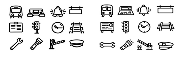 Railway and train station icon set featuring locomotive front signal light tracks clock and conductor hat on white background © PAPA STOCK