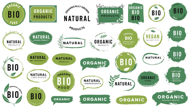 Set of organic and natural product labels, eco-friendly bio food badges, and vegan icons on green textured backgrounds.eps