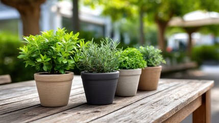 Fototapeta premium Potted green plants arranged on a wooden table in an outdoor setting with blurred greenery and sunlight in the background, symbolizing Earth Day celebration