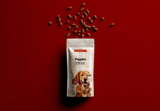 Pet Food Packaging Bag with Falling Kibble Mockup
