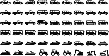 Comprehensive black silhouette icon set of various vehicles including cars, pickup trucks, buses, jet skis, tractors, and excavators isolated on a white background. © IconicCreations