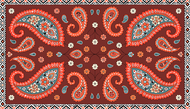 Traditional Persian Paisley Carpet Pattern with Ornate Ethnic Floral Borders and Middle Eastern Motif.eps