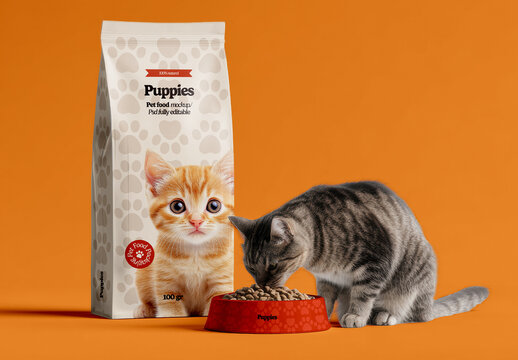 Cat Food Packaging Bag with Cat Eating Mockup
