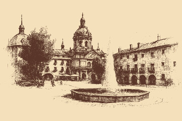 Obraz premium Plaza Mayor, Spain illustration in a vintage style. This vector illustration can be used in any size you like for advertising, logos, and other work. 