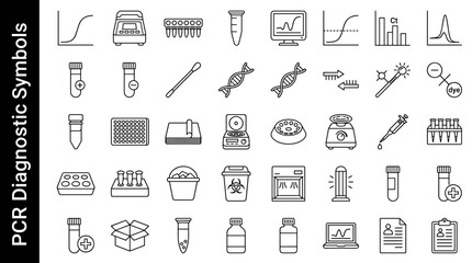 Collection of Line Icons Representing PCR Diagnostic Laboratory Equipment and Processes
