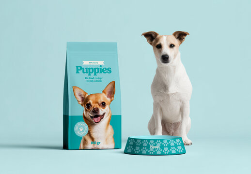 Dog Food Packaging with Dog and Bowl Mockup