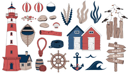 Vintage maritime icons including lifebuoy, wooden signpost and oars..eps © zihad