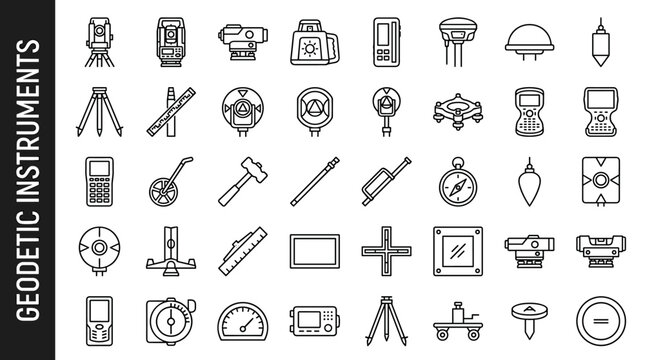 Collection of line art icons representing various geodetic and surveying instruments