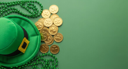 Obraz premium Vibrant Green Leprechaun Hat with Gold Coins and Festive Beads, Perfect for Celebrating St. Patricks Day