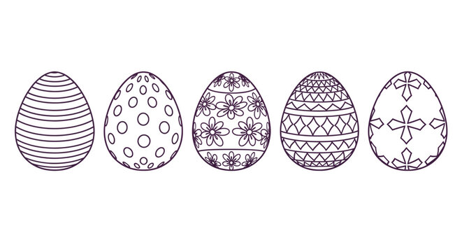 Five detailed line art Easter eggs show various repeating.