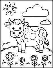 Obraz premium Cute Cartoon Cow Coloring Page with Farm Scene animal
