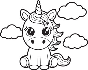 Naklejka premium Cute cartoon unicorn sitting with clouds Keywords: unicorn, cute, cartoon, fantasy, mythical