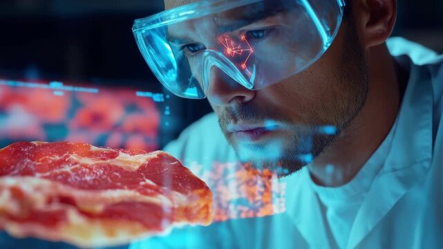 Scientist analyzing labgrown meat with augmented reality in hightech laboratory