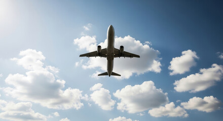 Fototapeta premium A commercial airplane flying high against a backdrop of blue sky and fluffy white clouds.