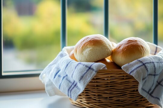 Fresh white bread rolls in a basket near the window in a bakery during morning hours