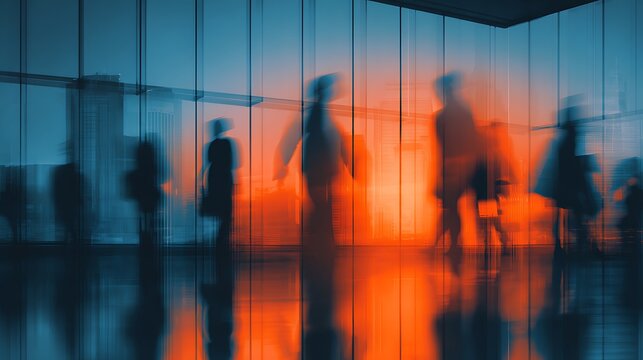 Silhouettes of people walking in a modern building with a blurred motion effect during sunset
