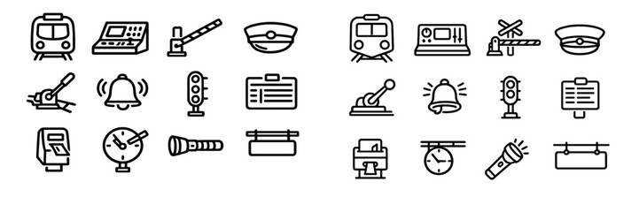 Set of railway and train station line icons including locomotive front control panel crossing gate conductor hat bell and traffic light © PAPA STOCK