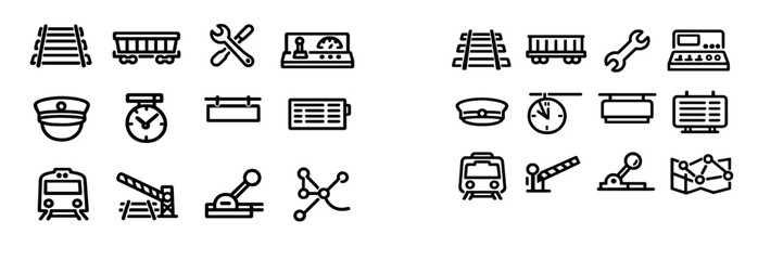 Railway and train station icon set featuring locomotive tracks cargo wagon conductor hat station clock and crossing gate © PAPA STOCK