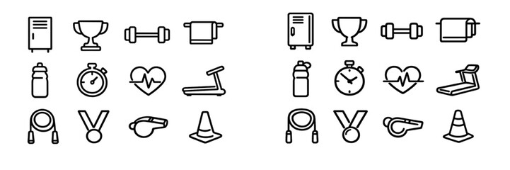 Fitness and gym equipment line icon set featuring dumbbell trophy stopwatch treadmill jump rope and water bottle on white background © PAPA STOCK