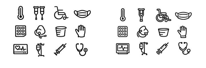 Obraz premium Medical icons set including thermometer wheelchair face mask pills syringe stethoscope and heart monitor for healthcare and hospital use