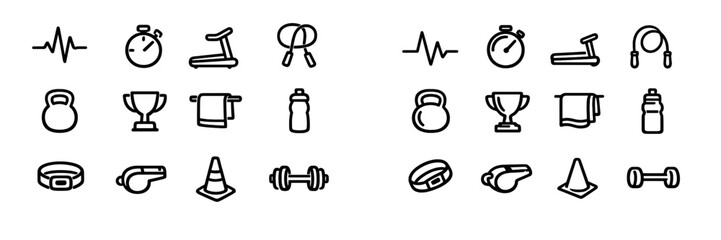 Fitness and gym equipment line icon set featuring dumbbell kettlebell stopwatch treadmill jump rope water bottle and trophy on white © PAPA STOCK