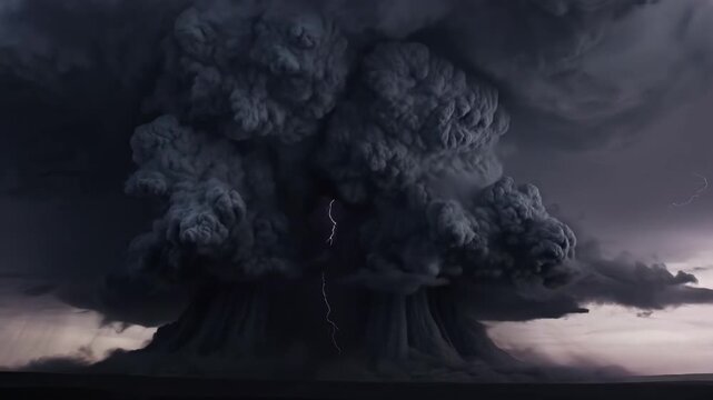 Dramatic slow motion volcanic eruption explosion with ash cloud aerial view 4k cinematic footage