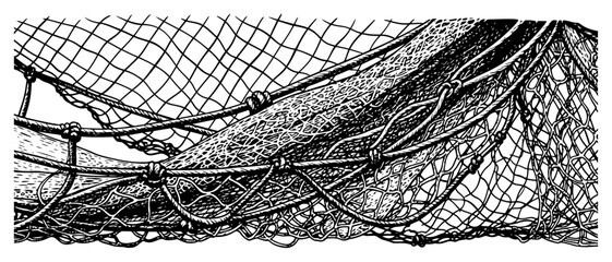Detailed hand drawn fishing net or netting illustration with knots and ropes © Amelia